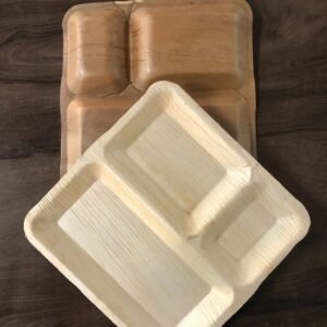 Biodegradable Arecanut Palm Leaf (Pakku Mattai) 10-Inch Square Three compartment Plate – Pack of 50 | Perfect for Restaurants, Caterers, Tiffin services, Home chefs, Events | Lowest Ever Online Price | Contact for Bulk Purchase