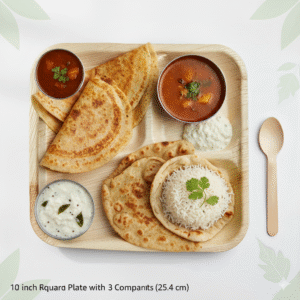 Premium Quality 10-Inch 3 compartment Square Plates with Spoons | Pack of 20 |