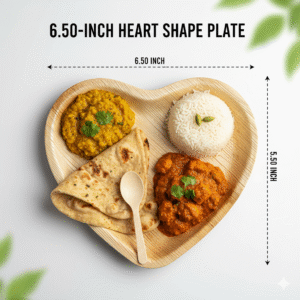 Areca Palm Leaf Heart Shaped Plates ( 6.5 Inch) | EXPORT QUALITY | Eco-Friendly Disposable Plates with Wooden Spoons| Biodegradable & Compostable Tableware for Weddings & Catering